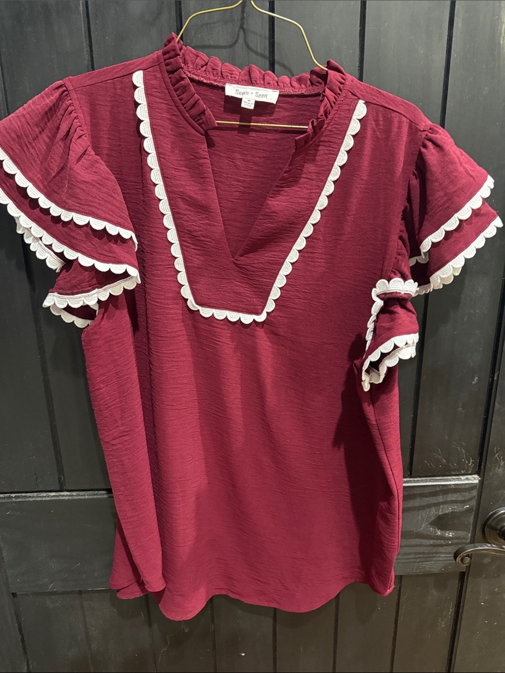 Deep Wine Ruffle Sleeve Tunic with Scalloped Trim